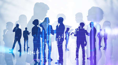 Silhouettes of business people working together in Moscow city. Concept of partnership. Toned image double exposure of digital chartの写真素材