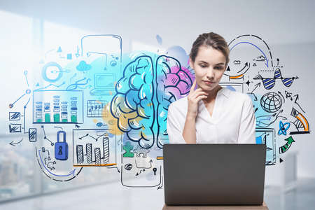 Smiling young businesswoman using laptop in blurry office with double exposure of colorful brain...
