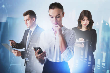 Businesswoman with smartphone and her teammates working together in blurry abstract city with double...