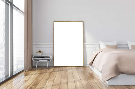 Interior of modern bedroom with white walls, wooden floor, king size bed with beige cover and...