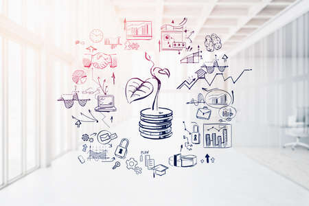 Creative investment sketch with double exposure of modern corporate office. 3d rendering toned imageの写真素材