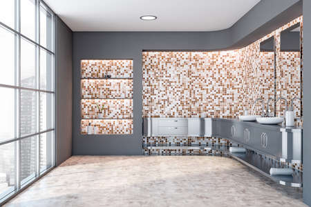 Interior of panoramic bathroom with gray and mosaic walls and comfortable double sink with two...