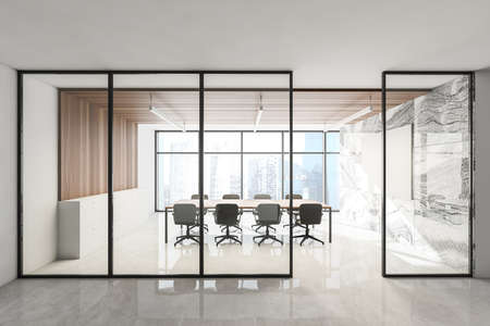 Corridor of modern office with white and wooden walls, concrete floor and long conference table near panoramic window. 3d renderingの写真素材