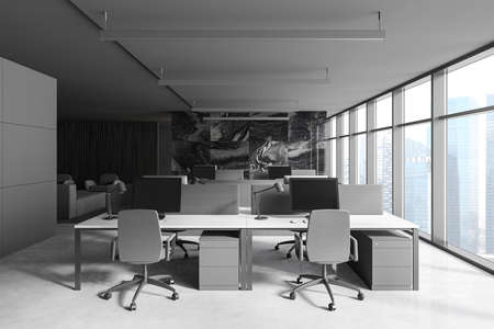 Interior of modern open space office with panoramic window, black marble walls and rows of computer tables. 3d renderingの写真素材