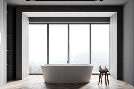 Interior of panoramic bathroom with gray and wooden walls, wooden floor and comfortable bathtub. 3d...