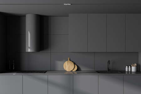 Close up of stylish kitchen with gray walls, concrete floor and gray cabinets and cupboards. 3d renderingの写真素材