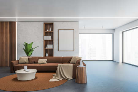 Interior of stylish living room with concrete and wooden walls, brown sofa and coffee table....