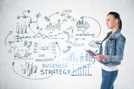 Young businesswoman with notebook standing near concrete wall with business strategy sketch drawn on...