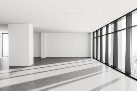 Interior of empty panoramic office with white walls, concrete floor and windows with blurry...