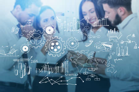 Four young business people working together in blurry office with double exposure of gears sketch....