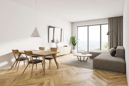 Corner of modern living room with white walls, wooden floor, beige sofa and dining table. 3d...