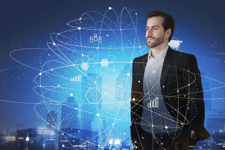Portrait of confident young businessman standing in blurry night city with double exposure of...