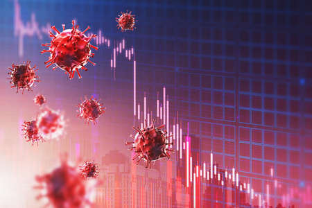 Declining graphs and covid 29 over red background. Concept of coronavirus pandemic declining. 3d...