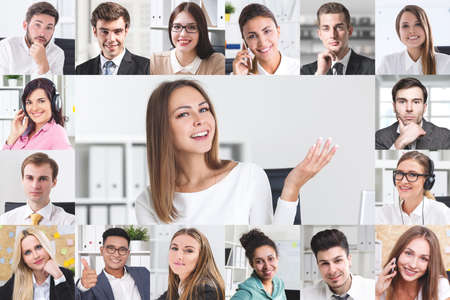 Cheerful young European businesswoman having video conference with her colleagues from home office