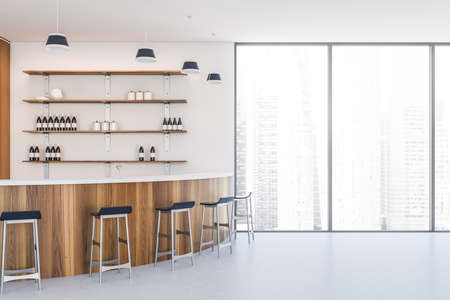 Interior of stylish restaurant with white walls, concrete floor, wooden bar counter with black stools and window with blurry cityscape. 3d renderingの写真素材