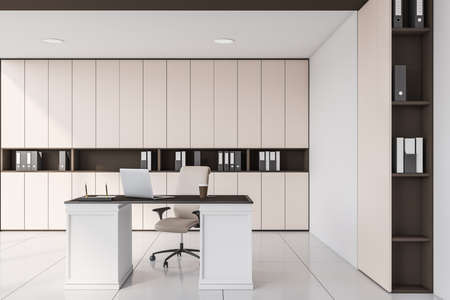Interior of stylish CEO office with white and beige walls, tiled floor, computer table and window...