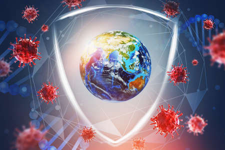 Planet Earth with shield and red coronavirus around it. Concept of covid 19 pandemic protection. 3d...