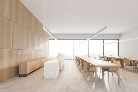 Interior of stylish cafe with white and wooden walls, concrete floor and long dining tables with beige chairs. 3d renderingの写真素材