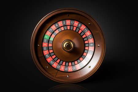 Top view wooden roulette wheel over black background. Concept of chance and gambling. 3d renderingの写真素材