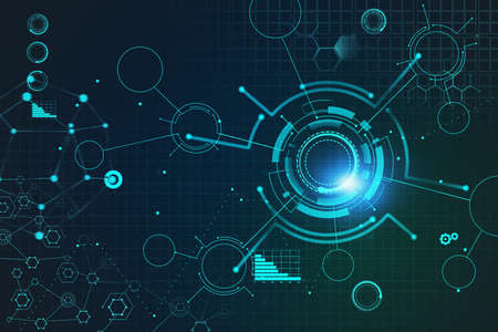 Immersive HUD network interface over dark blue background. Concept of hi tech and internet...