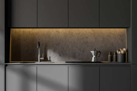 Interior of minimalistic kitchen with gray walls and gray cabinets with built in sink and cooker. 3d...
