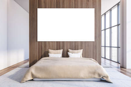Interior of stylish master bedroom with dark wooden and white walls, wooden floor and comfortable king size bed. Horizontal mock up poster. 3d renderingの写真素材