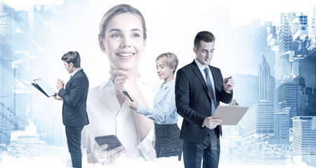 Cheerful young businesswoman portrait in blurry city with double exposure of her business team....