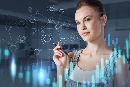 Smiling young European businesswoman standing in blurry office with double exposure of financial...