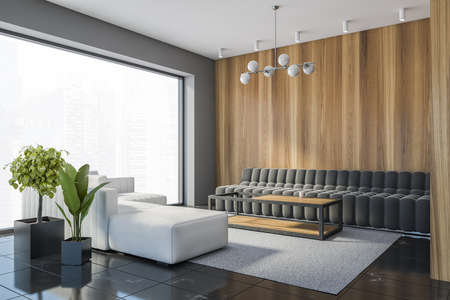 Interior of stylish living room with white and gray walls, black marble floor, white and gray sofas...