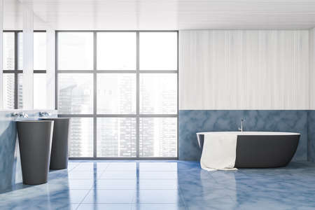 Interior of modern bathroom with white and wooden walls and floor, window with blurry cityscape, comfortable bathtub and double sink. 3d renderingの写真素材