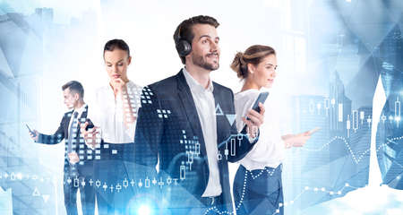 Portrait of four young business people using smartphones in blurry city. Toned image double exposure