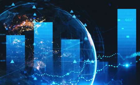Financial chart and planet hologram over dark blue background. Concept of stock market and...