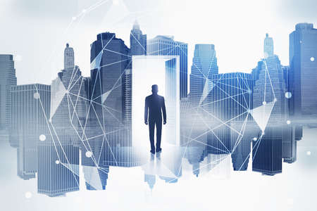 Silhouette of businessman in doorway in city with double exposure of network interface. Toned image