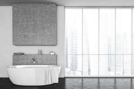 White bath against gray concrete wall in a big bathroom mockup copy space, large window with city view. Stylish minimalist bathroom with black floor, no people 3D renderingの写真素材