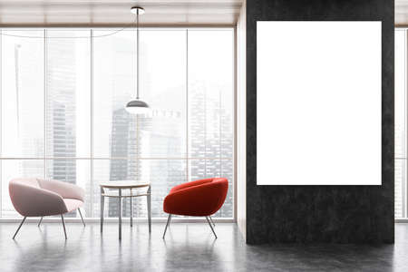 Mockup canvas on a gray wall in office interior, two red and pink chairs against each other with...