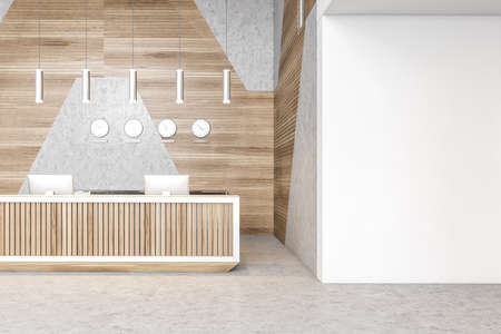 Reception hall desk with blank mockup, two computers front view. Lobby open space business room,...