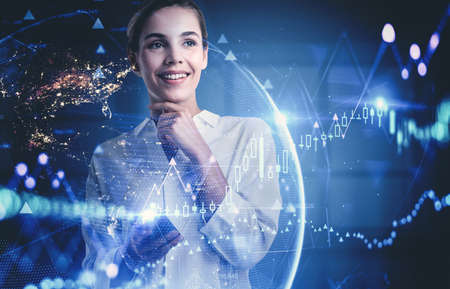 Portrait of smiling young businesswoman with smartphone standing in blurry office with dobule...