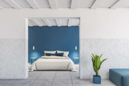 Interior of modern bedroom with white and blue walls, tiled floor and comfortable king size bed. 3d renderingの写真素材