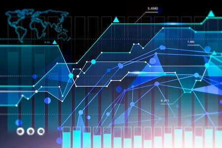 Financial chart and world map over dark blue background. Concept of stock market and investment. 3d...