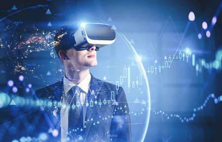Businessman in VR glasses standing in blurry office with double exposure of planet hologram and...