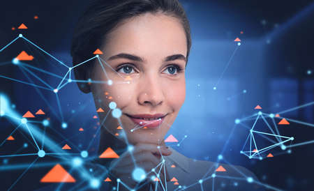 Cheerful young woman standing in blurry office with double exposure of immersive network interface....