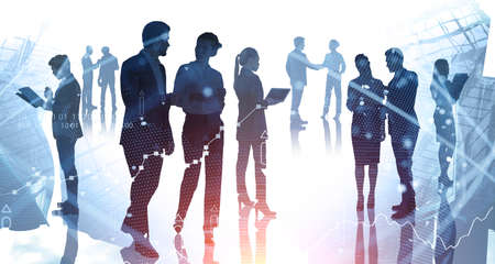 Silhouettes of young business people in modern city with double exposure of network interface. Toned...