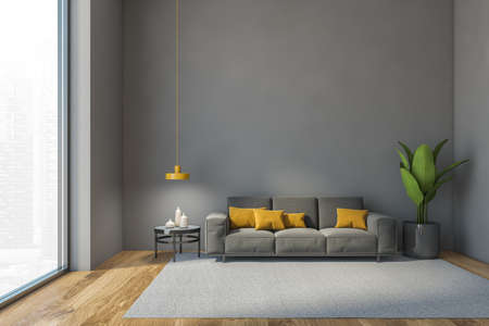 Gray hall mockup copy space with gray sofa against gray wall with plant. Minimalist hall with big...