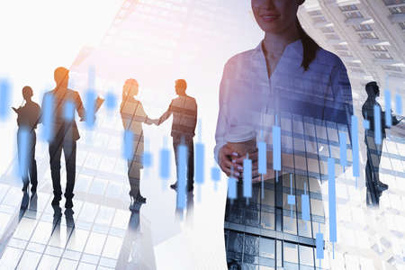 Unrecognizable businesswoman with coffee standing in blurry city with her team with double exposure...