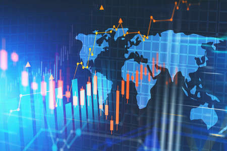 Diagrams and world map over dark blue background. Concept of stock market. 3d rendering toned image...