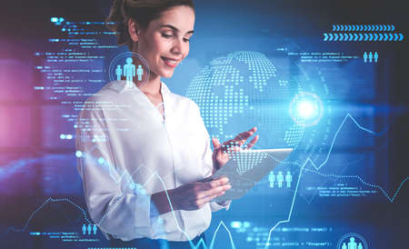 Portrait of smiling young businesswoman using tablet in blurry office with double exposure of...