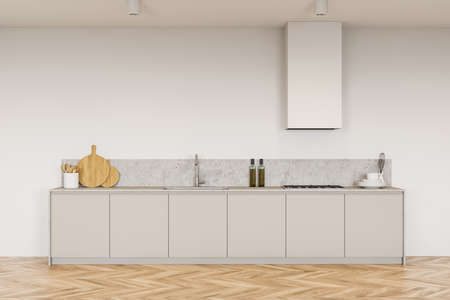 Interior of modern kitchen with white walls, wooden floor and gray cupboards. 3d renderingの写真素材
