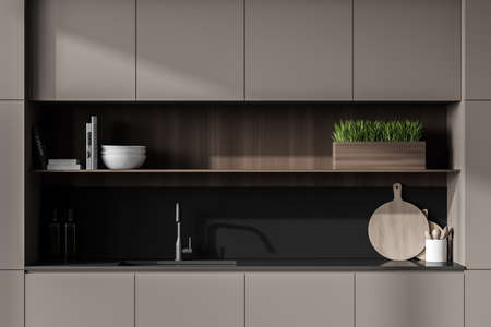 Interior of modern kitchen with light gray walls, and gray cupboards with bluit in sink and cooker. 3d renderingの写真素材