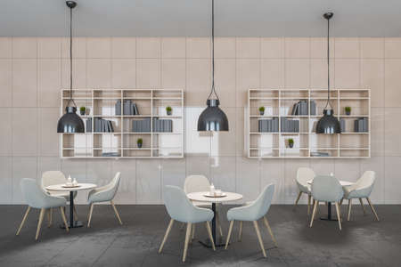 Gray cafe interior, white chairs and tables on background of bookshelves, tile wall with lamps....