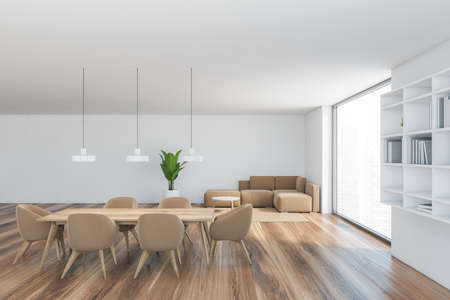 White and wooden hall, brown chairs and table, sofa in the corner near big window. White bookshelf...